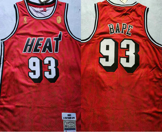 Men's Miami Heat #93 Bape Red 1993 Throwback Swingman Jersey