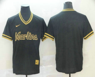 Men's Miami Marlins Blank Black Gold Nike Cooperstown Legend V Neck Jersey