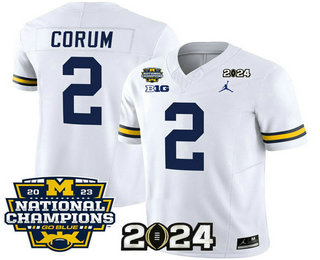 Men's Michigan Wolverines #2 Blake Corum White FUSE With 2023 National Champions Patch Stitched Jersey