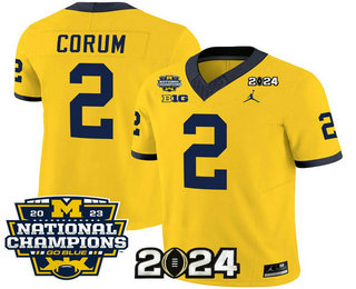 Men's Michigan Wolverines #2 Blake Corum Yellow FUSE With 2023 National Champions Patch Stitched Jersey