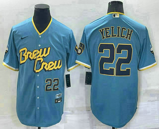 Men's Milwaukee Brewers #22 Christian Yelich Number Blue 2022 City Connect Cool Base Stitched Jersey