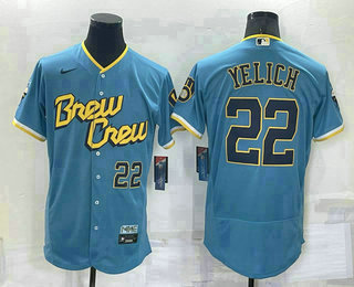 Men's Milwaukee Brewers #22 Christian Yelich Number Blue 2022 City Connect Flex Base Stitched Jersey