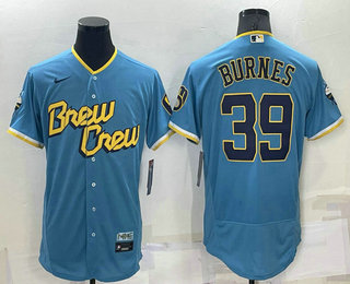 Men's Milwaukee Brewers #39 Corbin Burnes Blue 2022 City Connect Flex Base Stitched Jersey