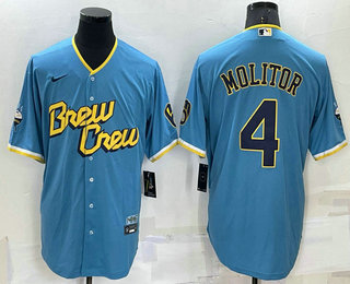 Men's Milwaukee Brewers #4 Paul Molitor Blue 2022 City Connect Cool Base Stitched Jersey