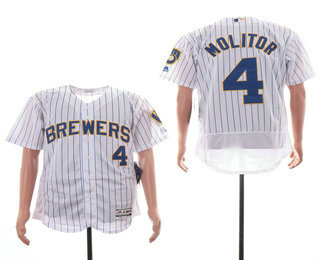 Men's Milwaukee Brewers #4 Paul Molitor White Pinstripe Stitched MLB Flex Base Jersey
