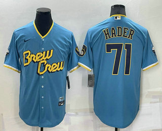Men's Milwaukee Brewers #71 Josh Hader Blue 2022 City Connect Cool Base Stitched Jersey