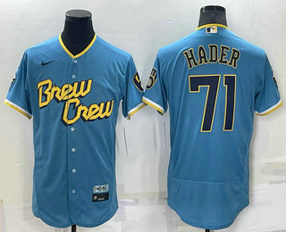 Men's Milwaukee Brewers #71 Josh Hader Blue 2022 City Connect Flex Base Stitched Jersey