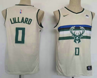 Men's Milwaukee Bucks #0 Damian Lillard Cream 2022 City Edition Sponsor Swingman Jersey