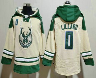 Men's Milwaukee Bucks #0 Damian Lillard Cream Ageless Must Have Lace Up Pullover Hoodie