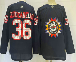 Men's Minnesota Wild #36 Mats Zuccarello 2022 Navy Native American Heritage Day Stitched Jersey