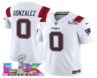 Men's New England Patriots #0 Christian Gonzalez Limited White Super Bowl LX FUSE Vapor Jersey
