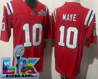 Men's New England Patriots #10 Drake Maye Limited Red Super Bowl LX FUSE Vapor Jersey