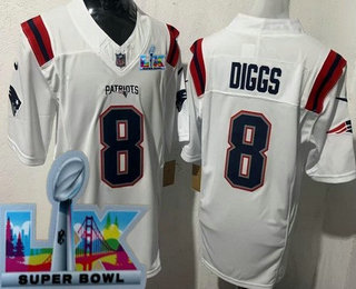 Men's New England Patriots #8 Stefon Diggs Limited White Super Bowl LX FUSE Vapor Jersey
