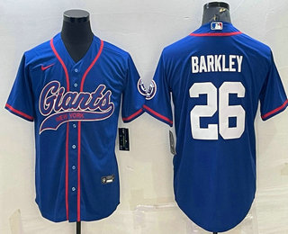 Men's New York Giants #26 Saquon Barkley Blue With Patch Cool Base Stitched Baseball Jersey