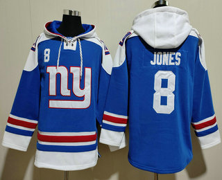 Men's New York Giants #8 Daniel Jones Blue Ageless Must Have Lace Up Pullover Hoodie