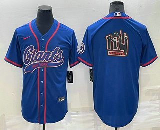Men's New York Giants Blue Team Big Logo With Patch Cool Base Stitched Baseball Jersey
