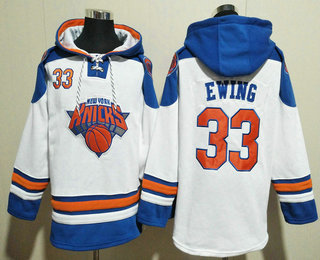 Men's New York Knicks #33 Patrick Ewing White Lace Up Pullover Hoodie