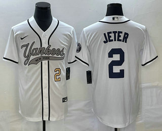 Men's New York Yankees #2 Derek Jeter Number White Cool Base Stitched Baseball Jersey