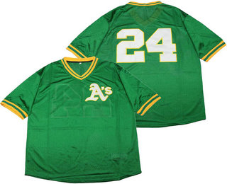 Men's Oakland Athletics #24 Rickey Henderson Green Mesh Batting Practice 1991 Throwback Jersey By Mitchell & Ness