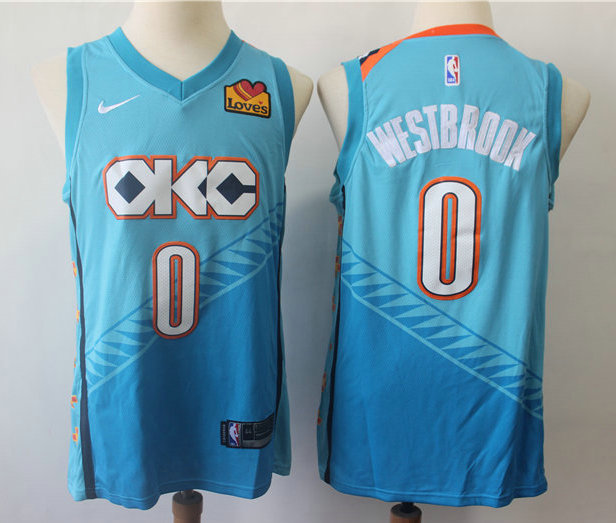 Men's Oklahoma City Thunder #0 Russell Westbrook Blue Nike 2019 New Season Swingman City Edition Jersey With The Sponsor Logo