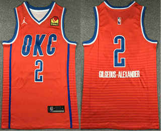 Men's Oklahoma City Thunder #2 Shai Gilgeous-Alexander Orange Statement Edition Sponsor Stitched Jersey
