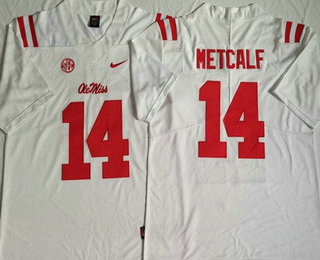 Men's Ole Miss Rebels #14 DK Metcalf White College Football Jersey