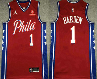 Men's Philadelphia 76ers #1 James Harden Red 75th Anniversary Diamond Jordan 2021 Stitched Jersey With Sponsor