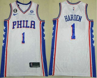 Men's Philadelphia 76ers #1 James Harden White 6 Patch ICon Sponsor Swingman Jersey