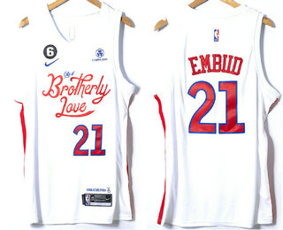Men's Philadelphia 76ers #21 Joel Embiid 2022 White City Edition With 6 Patch Stitched Jersey With Sponsor