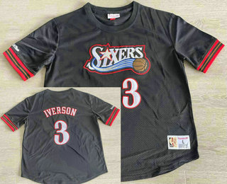 Men's Philadelphia 76ers #3 Allen Iverson Black Short Sleeved Swingman Throwback Jersey