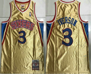 Men's Philadelphia 76ers #3 Allen Iverson Gold Hardwood Classics Soul Swingman Throwback Jersey
