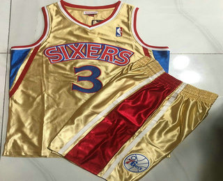 Men's Philadelphia 76ers #3 Allen Iverson Gold Hardwood Classics Soul Swingman Throwback Jersey With Shorts