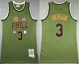 Men's Philadelphia 76ers #3 Allen Iverson Green Military Flight patchs Throwback Jersey