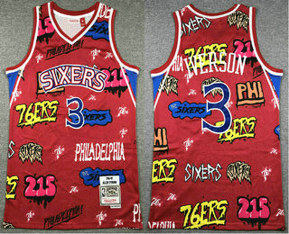 Men's Philadelphia 76ers #3 Allen Iverson Red Doodle Fashion Swingman Throwback Jersey