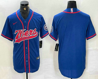 Men's Philadelphia 76ers Blue Black With Patch Cool Base Stitched Baseball Jersey