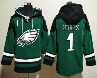 Men's Philadelphia Eagles #1 Jalen Hurts Green Ageless Must Have Lace Up Pullover Hoodie