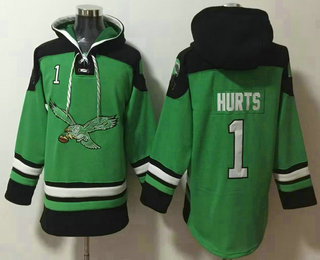 Men's Philadelphia Eagles #1 Jalen Hurts Green Ageless Must Have Lace Up Pullover Hoodie