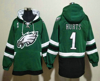 Men's Philadelphia Eagles #1 Jalen Hurts NEW Green Pocket Stitched NFL Pullover Hoodie
