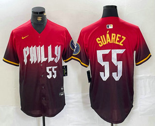Men's Philadelphia Phillies #55 Ranger Suarez Number Red 2024 City Player Number Cool Base Jersey