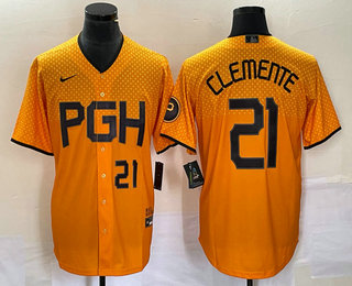 Men's Pittsburgh Pirates #21 Roberto Clemente Number Gold 2023 City Connect Stitched Jersey 02