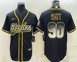 Men's Pittsburgh Steelers #90 TJ Watt Black Gold With Patch Smoke Cool Base Stitched Baseball Jersey