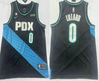 Men's Portland Trail Blazers #0 Damian Lillard 2023 Black City Edition With 6 Patch Sponsor Stitched Jersey