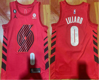 Men's Portland Trail Blazers #0 Damian Lillard Red 2023 Jordan With 6 Patch Stitched Jersey With Sponsor
