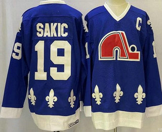 Men's Quebec Nordiques #19 Joe Sakic Blue Throwback Stitched Jersey