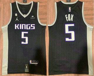 Men's Sacramento Kings #5 DeAaron Fox Black 6 Patch Jordan Swingman Stitched Jersey With Sponsor