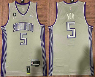 Men's Sacramento Kings #5 DeAaron Fox Grey 6 Patch Nike Swingman Stitched Jersey With Sponsor