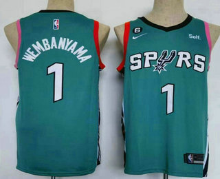 Men's San Antonio Spurs #1 Victor Wembanyama Green 2022 City Icon 6 Patch Sponsor Swingman Jersey