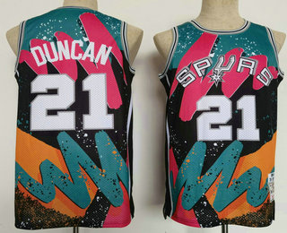 Men's San Antonio Spurs #21 Tim Duncan Black Floral Laser Printing Throwback Jersey