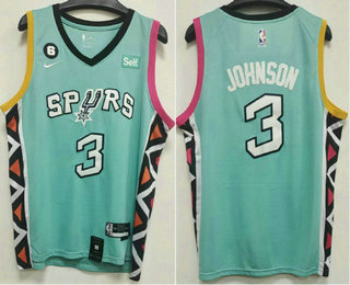 Men's San Antonio Spurs #3 Keldon Johnson 2023 Green City Edition With 6 Patch Stitched Jersey With Sponsor