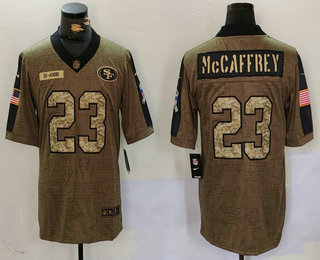 Men's San Francisco 49ers #23 Christian McCaffrey 2021 Olive Camo Salute To Service Limited Stitched Jersey